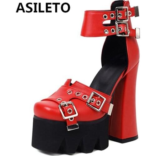 ASILETO 2021 Summer Ladies Platforms 5.5cm High Thick Sole 15cm Spool Heel Ankle Belt Buckle Square Toe Punk Size 34-43 A4152