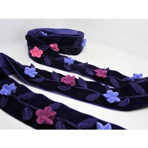 2 Inches Purple Felt Flower Velvet Trim|Embroidered Floral Ribbon|Clothing Belt|Vintage Costume|Sewing Supplies