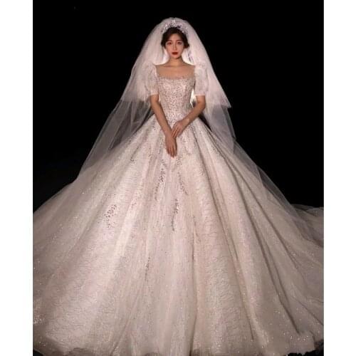 Sparking Sequins Lace Dubai Bridal Ball Gowns Unique Crystal Wedding Dress Luxury Beading Saudi Arabic Wedding Gowns