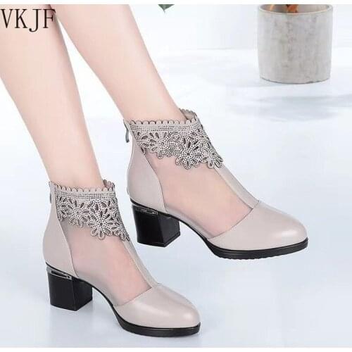 Fashion Sandals Mesh Genuine Leather Shoes Woman High Heel Sandals 2021 New Breathable Cool Boots Summer Women Sandals