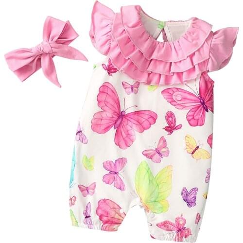 Baby Girls Cute Ropmer Floral Print Sleeveless O-neck Jumpsuit with Ruffles+Bow-knot Headband Clothes 0-18M