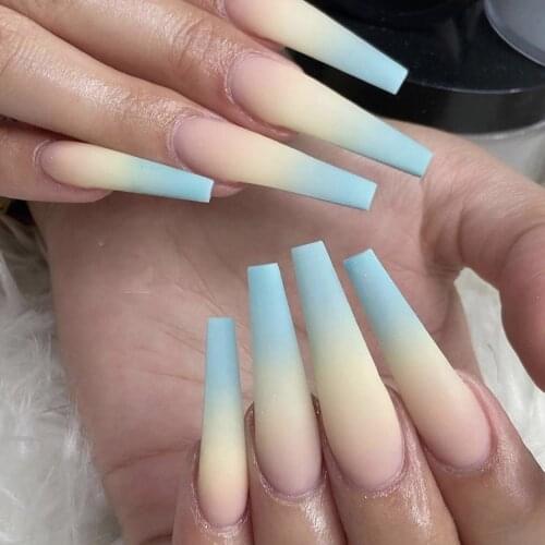Gradient series blue-yellow long ballet gradient wear nails finished fake nails nail art patches free nail tape