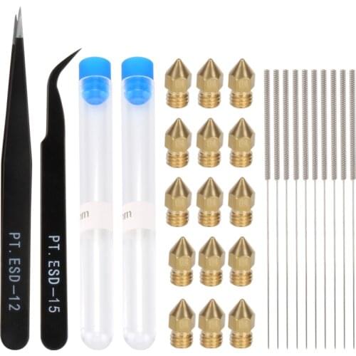 Kee Pang MK8 Kit 15pcs 0.4mm MK8 Nozzles 10pcs 0.4mm Cleaning Needles Drill Bits Pt. ESD-15/12 tweezers 3D printer Parts