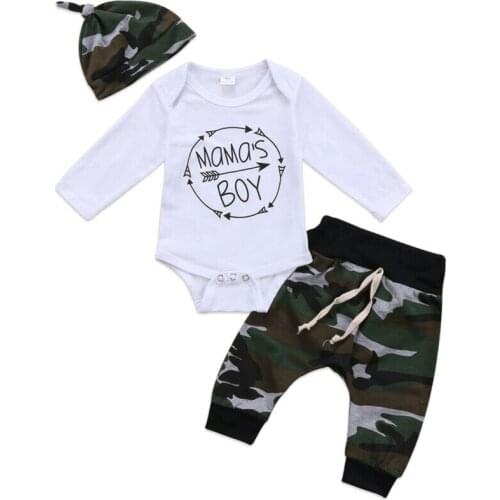 Spring Autumn Mamas Boy Toddler Infant Baby Long Sleeve Letter Printed Romper Top Pants Hat 3Pcs Outfit Set Clothes