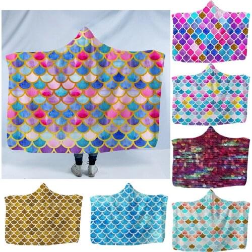 Colorful Fish Scales Hooded Blanket for Kids Adult Cloak Printed Household Blanket Hoodie Winter Warm Wearable T531