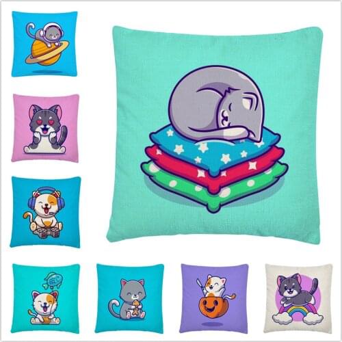 Cute Cartoon Kitten And Puppy Pattern Linen Cushion Cover Pillowcase Home Sofa Car Decoration Pillowcase45X45 Cm