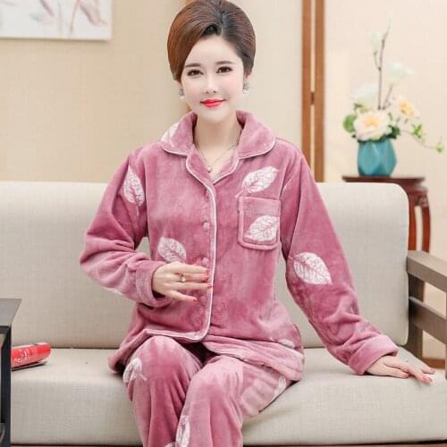 New coral velvet pajamas womens autumn and winter flannel two piece set mother winter large long sleeve warm slippers