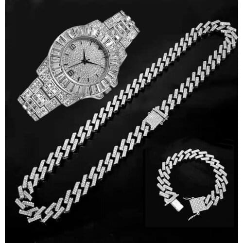 Necklace Watch Bracelet Hip Hop Miami Curb Cuban Chain Gold Iced Out Paved Rhinestone CZ Bling Rapper for Men Jewelry Set Reloj