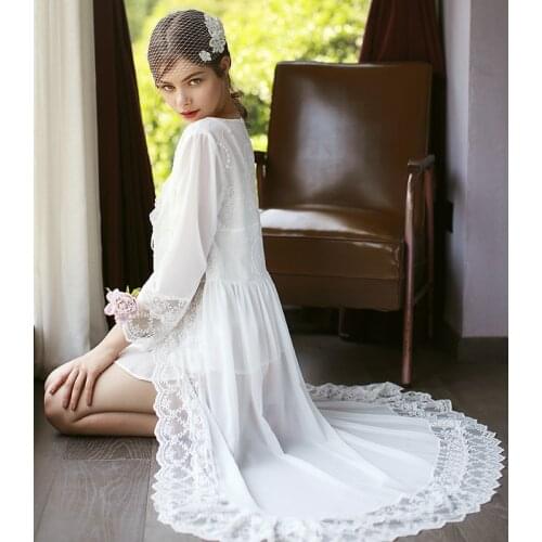 Sexy Lace Vintage Elegant Bridesmaid Bath Robe Femme Full Sleeve Ankle-Length Sleepwear Night Robes For Women