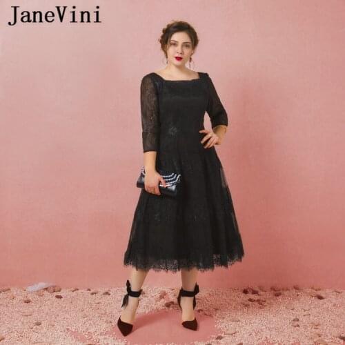 JaneVini Vestidos Plus Size Mother Of The Bride Dresses A Line Black Lace Tea-Length Vintage Long Evening Gowns For Wedding 2018