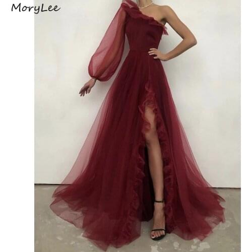 Prom Dresses Hot Sale One Shoulder A-Line Side Slit Tulle Ruffle Prom Dresses With Lace Up Back vestidos de fiesta de noche