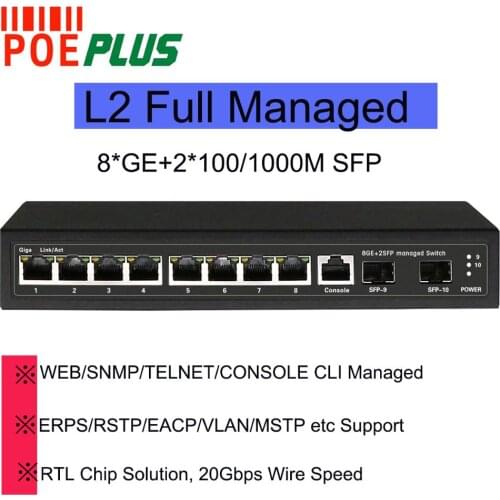 L2 Full managed gigabit network switch 8 ports with 2 SFP optical fiber ports SNMP/ERPS/MSTP supporting