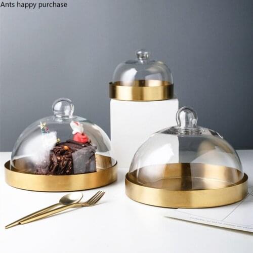 Transparent Glass Cake Cover Dust-proof Fresh-keeping Cover Cake Plate Dim Sum Tray Golden Stainless Steel Round Dessert Plate