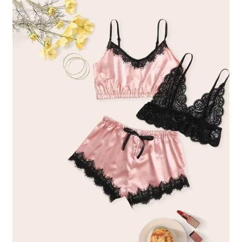 Sexy Lace Silk Lingerie Underwear set women Satin hot Sleepwear shorts Pajamas set ladies nightie wear sleepwear home clothes