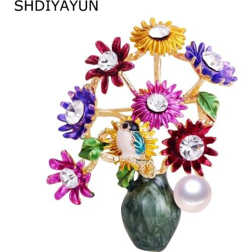 SHDIYAYUN New Pearl Brooch Flower Vase Brooch For Women Creative Enamel Brooch Pins Brooches Natural Freshwater Pearl Jewelry