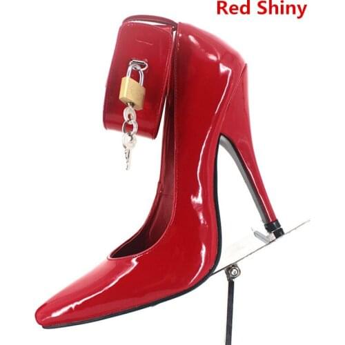 Woman Pumps Sexy Fetish High-Heel Lock And Key Pointed Toe 12Cm High Heels Ankle Strap Padlocks Shoes Plus Size 36-46
