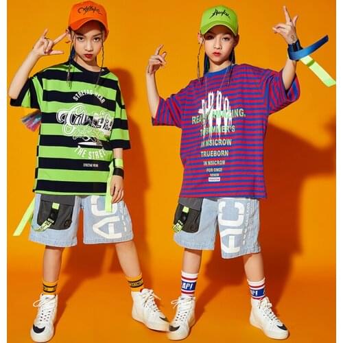 Hip Hop Kids Street Dance Clothing Striped Sweatshirts Denim Shorts Summer Short Sleeve Ballroom Jazz Performance Outfits BL6201
