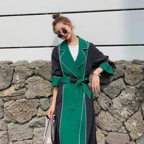 Contrasting Stitching Windbreaker Women Mid-Length 2021New Fashion Jacket Loose British Style All-Match Coat Female Clothing A12