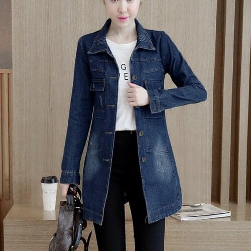 2021New Autumn Women Denim Jacket Coat Fashion Plus Size Ripped Female Jean Long Coat Korean Slim Long Sleeve Blue Denim Outwear