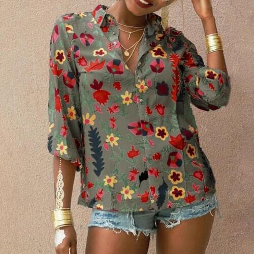 Women Shirt 2021 Floral Print Single-breasted Autumn Single-breasted Long Sleeve blouse women elegant Streetwear Green xxxl