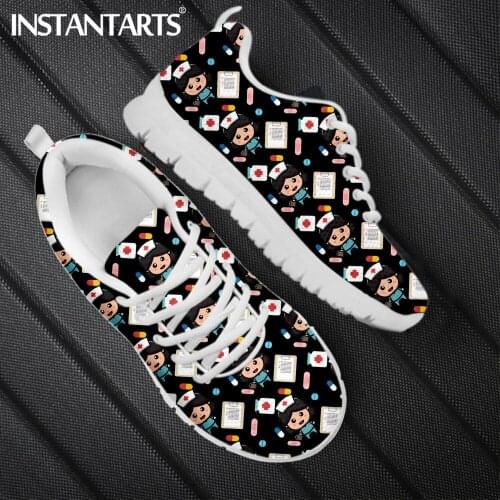 INSTANTARTS Mesh Black Nursing Shoes Cute Cartoon Nurse Doctor Medical Pattern Breathable Walking Shoe Female Lace Up Footwear
