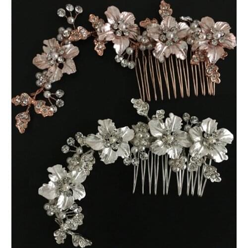 SLBRIDAL Wired Rose Gold Flower Rhinestone Pearls Wedding Hair Comb Bridal Headpieces Crystal Hair Accessories Bridesmaids Women