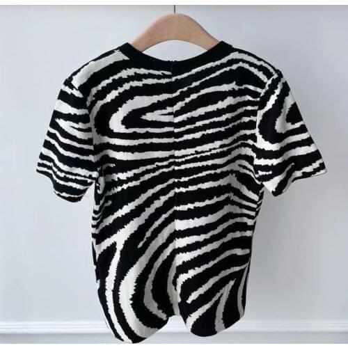 2021 New Spring Summer Luxury Runway Design Knitted Pullover Women Short Sleeve Zebra pattern Sweet T-shirt Sweater Black Tops