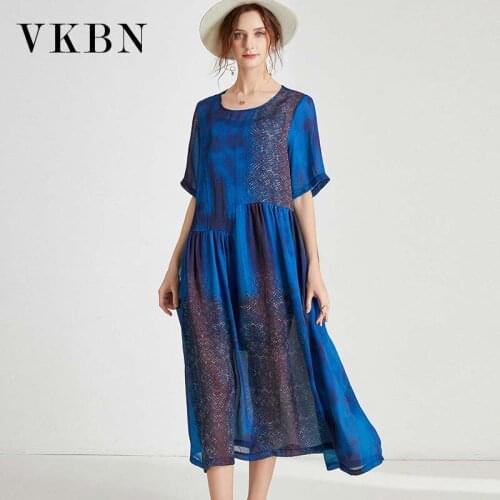 VKBN Large Size 2021 Summer Dresses Woman Patchwork O-Neck Short Sleeve Blue and Red Plus Size Dress