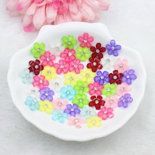 100pcs/lot DIY resin small size flowers with crystal mix colors 12mm kawaii resin cabochons accessoires