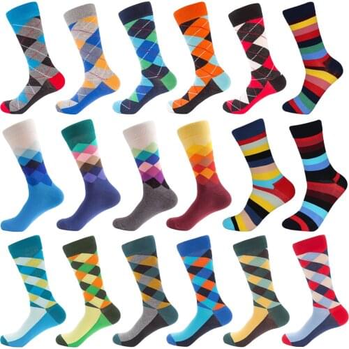 2020 Hot Sale Mens Funny Happy Socks Diamond Pattern Plaid Colorful Business Casual Party Dress Cotton Socks