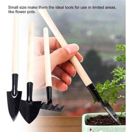 3Pcs Gardening Mini Tools Wood Long Handle Metal Head Small Shovel Rake Spade Loosen Soil Tools Child Adult Gardening Tools Set