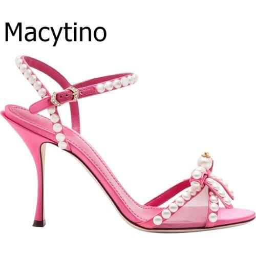 Women Sandals New Summer Ahoes Atrap Bowtie Sandals Fulgurant Pearl Thin High Heel Sandals Women Wedding Dress Pumps