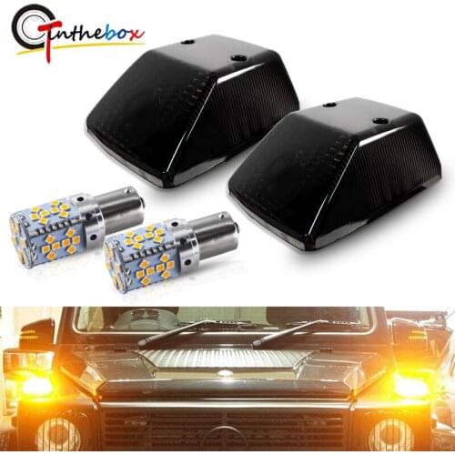Black Turn Signal Light Covers w/ PY21W BAU15S Canbus Amber LED Bulbs For 1986-2018 Mercedes Benz W463 G-Class G500 G550 G55 G63