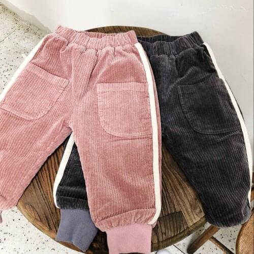 Baby Winter Pants Corduroy Thicken Warm Pants for Girls Boys Side Stripe Trousers Plus Velvet Casual Sports Toddler Kids Pants