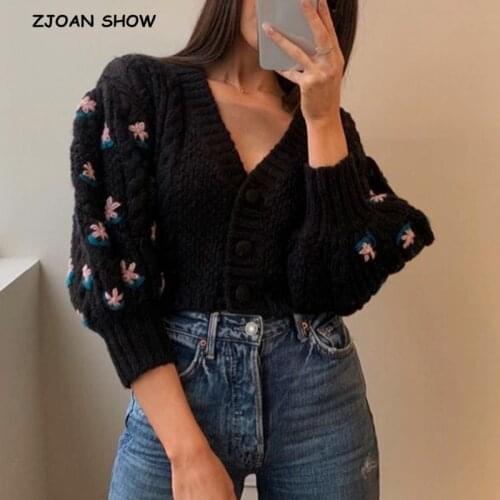 Stylish Women Puff Sleeve Hand Crochet Cardigan Streetwear V neck Long sleeve Knitted Cropped Sweater Yellow Black Korea Clothes