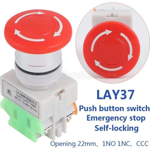 Mushroom Head LAY37-11ZS Emergency Stop Push Button Switch Self-lock/Latchiing LAY7 PBC Y090-11ZS Power NO/NC 4 Screw Terminals