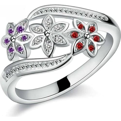 Funny Design Three Color CZ Flower Ring for Women Girls Fashion 925 Sterling Silver Rings Wedding Jewelry Size 7 8 9