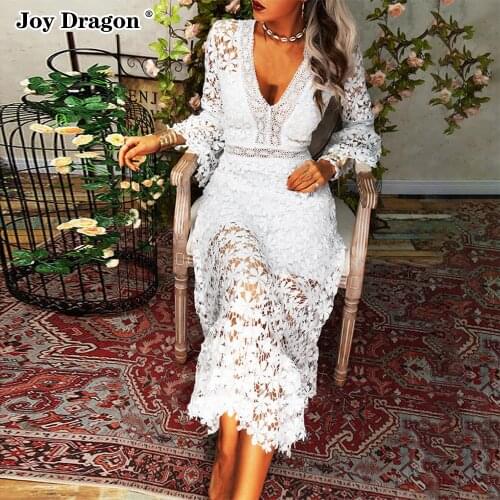 Summer Womens Long Party Bodycon White Wedding Prom Elegant Plus Size Clothing Evening Cocktail Long Sleeve Sexy Lace Dress