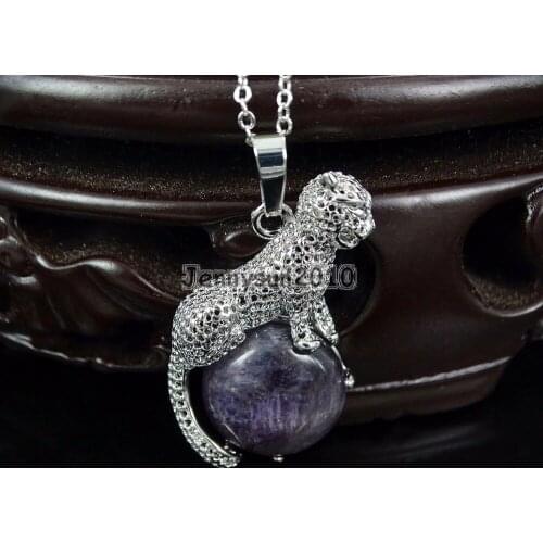 Natural Ame-thyst Round Gems Stone Leopard Reiki Chakra Pendant Charm Beads Healing Jewelry Design 10Pcs/Pack