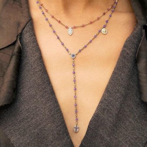 Baoyocn Brand Rose Gold Color 925 Sterling Silver Purple Beads Necklace with Embellished Pendant Zircon Women Luxury Jewelry