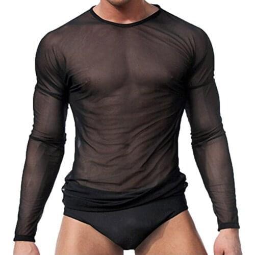 Sexy Mesh Transparent See Through T Shirts Male Spandex Transparent Bodysuit Shirt Gay Long Sleeve Undershirt Underwear