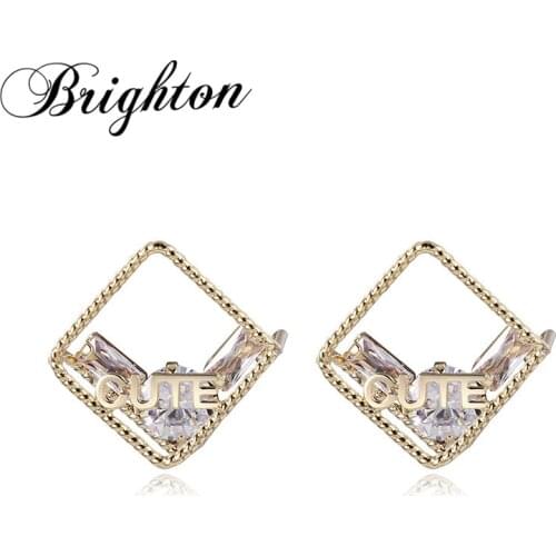 Brighton Unusual Trendy Bijou Square With Cute Words Stud Earrings For Women Zircon Geometric Metal Brincos Exquisite Jewelry