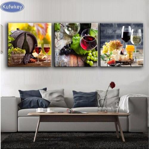 Triptych diy Diamond Embroidery Drill diamond Painting Fruit, red wine Decoration pictures on the wall sitting room 3pcs Crafts