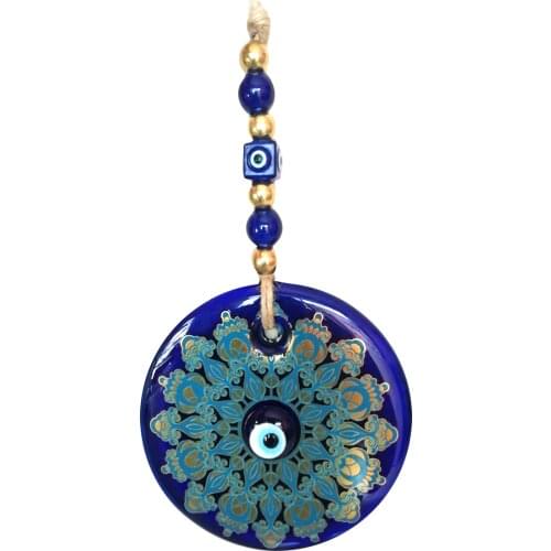 Big Size-14 cm Diameter- Golden Gilted and Colored Patterned Glass Blue Evil Eye Wall Hanging Ornament – Turkish Nazar Bead - Ho