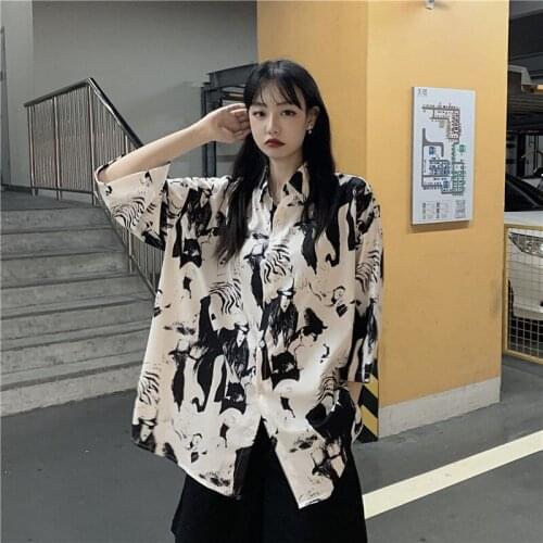 Zebra Print Street Fashion Oversized Shirt Lapel Womens T-shirt Y2k Womens Shirts Short Sleeved Blouses Harajuku Cloth Top