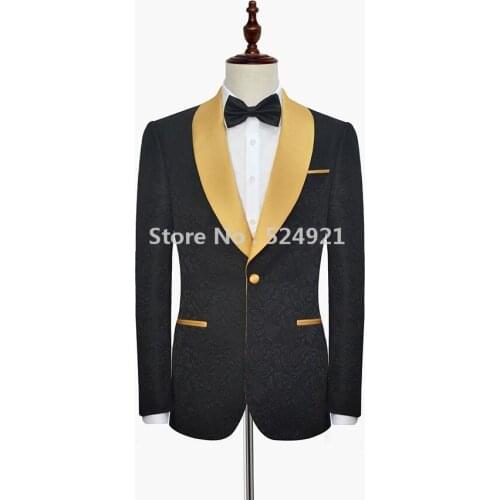 Groomsmen Black Pattern Groom Tuxedos Shawl Gold Lapel Men Suits Side Vent Wedding/Prom Best Man( Jacket+Pants+Tie ) C277