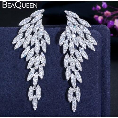 BeaQueen 65mm Long Dangle Drop Wedding Earrings Micro Paved Cubic Zirconia Angel Wing Shape Elegant Women Statement Jewelry E359