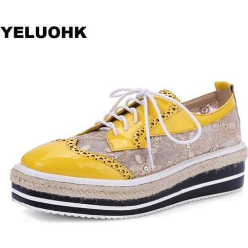 Big Size Lace Leather Shoes Women Flats Breathability Square Toe Handmade Shoes Women Summer Platform Ladies Shoes