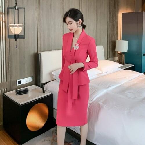 Pink Strappy Blazer and Pencil Skirt Two Piece Set Elegant Office Lady Workwear Long Sleeve Vestidos Autumn High-end Women Suit