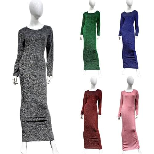 2021 Fashion Muslim Women Long Dress Bodycon Sheath Pencil Dress Stretch Islamic Arab Glitter Middle East Long Sleeve Maxi Robe